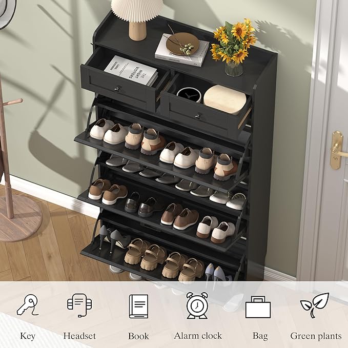 Shoe Cabinet with 3 Flip Drawers & 2 Storage Drawers, Rustic Farmhouse Narrow Shoe Organizer Cabinet, Slim Shoe Rack Cabinet, Shoe Storage Cabinet for Entryway, Hallway, Front Door
