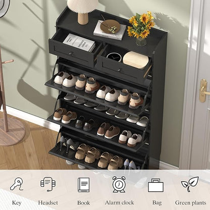 Shoe Cabinet with 3 Flip Drawers & 2 Storage Drawers, Rustic Farmhouse Narrow Shoe Organizer Cabinet, Slim Shoe Rack Cabinet, Shoe Storage Cabinet for Entryway, Hallway, Front Door