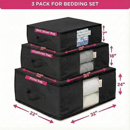 Cedar Storage Bag Organizer for Bedding Set - Protects from Moths, Moisture, Dirt & Dust - Set of 3 Storage Bags for Bed Sheets, Comforter, Pillows & More - Space-Saving Bedding Organizer, Black