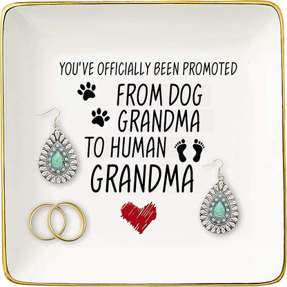Promoted from Dog Grandma to Human Grandma – Ceramic Jewelry Holder Ring Dish Trinket Tray – Funny New Grandma Gifts - Grandma to Be - Pregnancy Announcement Gift