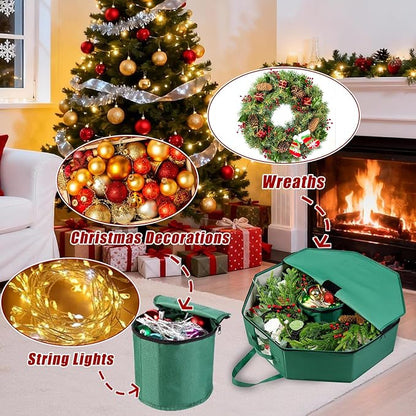 2 Pack Wreath Storage Christmas Garlands Bag with Interior Pockets Large Xmas Container Box for Holiday Decorations Case with Dual Zipper and Handles Window Labeling Card Slot 24" Green