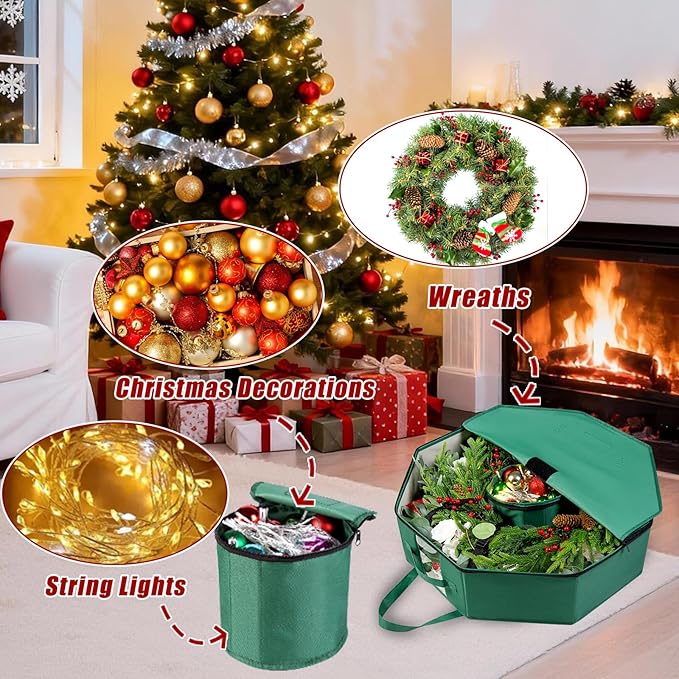 Wreath Storage Christmas Garlands Bag with Interior Pockets Large Xmas Container Box for Holiday Decorations Case with Dual Zipper and Handles Window Labeling Card Slot 24" Green