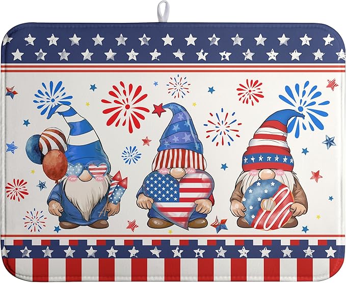 Wnoesat 4th of July Dish Drying Mats for Kitchen Counter 18x24 In Memorial Independence Day Patriotic Gnome Stars Microfiber Drying Mat Fourth of July USA Super Absorbent Dish Rack Mat Drying Pad