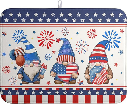 Wnoesat 4th of July Dish Drying Mats for Kitchen Counter 18x24 In Memorial Independence Day Patriotic Gnome Stars Microfiber Drying Mat Fourth of July USA Super Absorbent Dish Rack Mat Drying Pad
