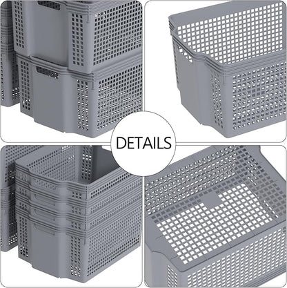 6 Packs Stackable Storage Baskets, Rectangle Stacking Baskets, Plastic Storage Baskets for Shelves, Grey