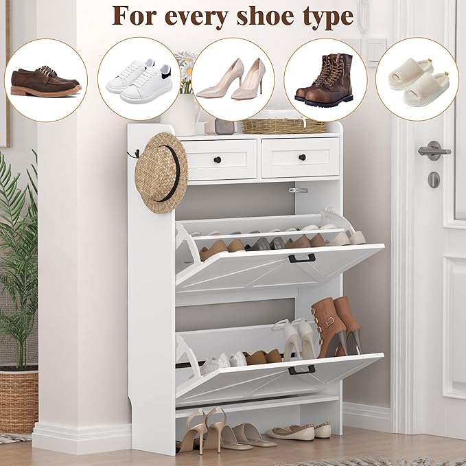 Shoe Cabinet with 2 Flip Drawers & 2 Storage Drawers, Rustic Farmhouse Narrow Shoe Organizer Cabinet, Slim Shoe Rack Cabinet, Shoe Storage Cabinet for Entryway, Hallway, Front Door