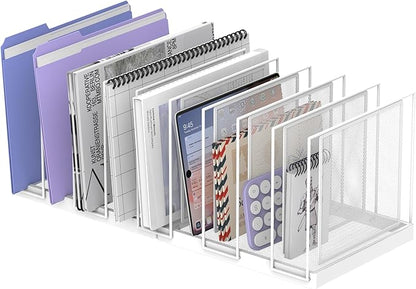 9-Section Desk File Organizer, Vertical File Holder, Mesh Desktop File Folder Metal File Organizer Stand for Office Home Classroom, White