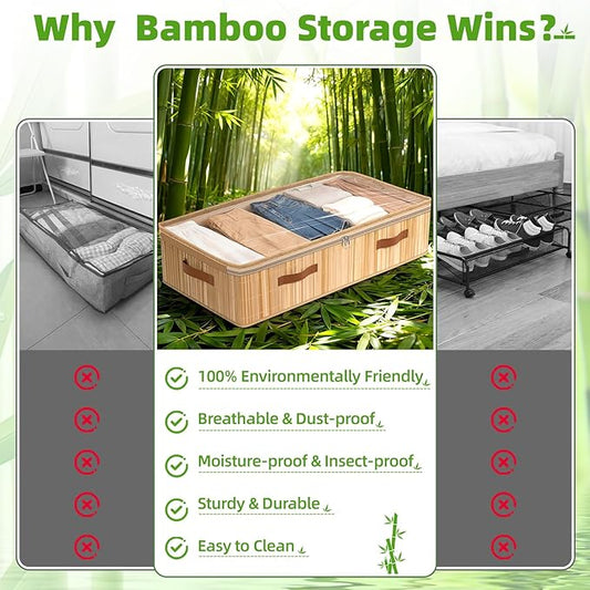 Livole Bamboo Under Bed Storage, 6 inches Underbed Storage Containers, 56L XXL Under Bed Storage Bins with Clear Lid & Label for Clothes, Blankets, Sweater, Shoes, 1 Pack