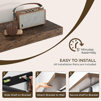 RICHFOCUS 48Inch Floating Shelves for Wall 1 Pack Shelves for Bedroom|Kitchen|Bathroom Wall Mounted Rustic Wood Floating Shelf with Invisible Brackets for Books|Storage|Decor, Rustic Brown