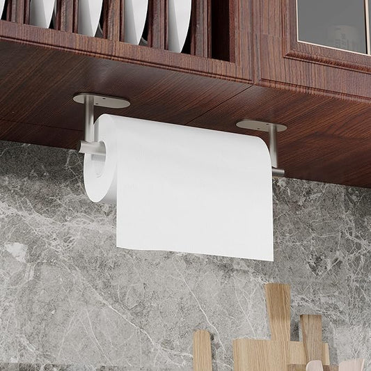 RUACQ Paper Towel Holder Under Cabinet, Wall Mounted or Adhesive Stainless Steel Paper Towel Holder,Round Base Paper Towel Rack for Kitchen, RV, Bathroom (Brushed Nickel)