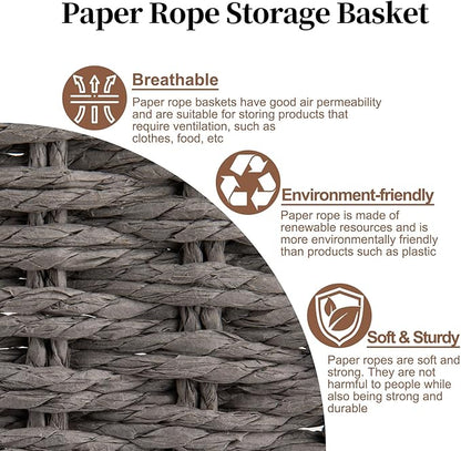 OIAHOMY Pantry Baskets for Organizing, Paper Rope Baskets with Built-in Handles, Wicker Storage Bins for Shelves, 2 Pack-Grey