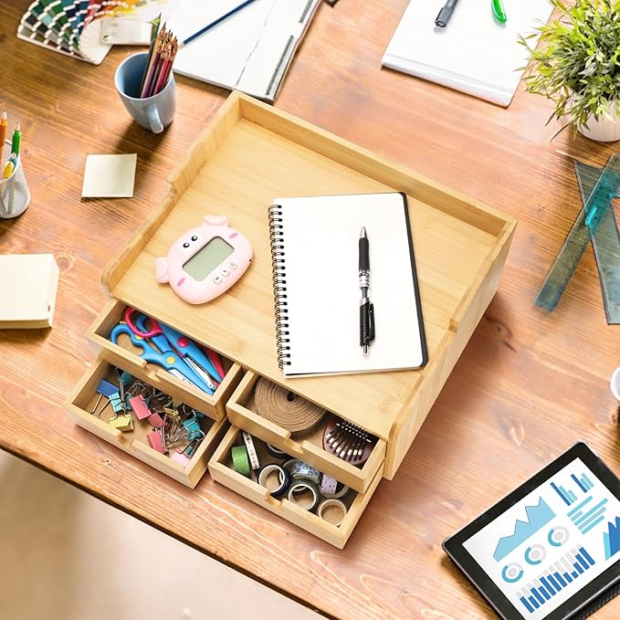 Bamboo Desk Organizer with Drawers, Small 3 Tier Desktop Drawers for Countertop, Mini Tabletop Storage Containers with Anti-scratch Pads for Home Office Supplies Makeup, No Assembly Required