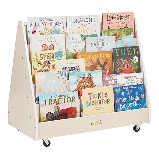 ECR4Kids Double-Sided Wooden Mobile Book Display and Storage, Montessori Furniture, White Wash