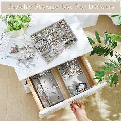 Junkin 18 Pcs Velvet Jewelry Tray Stackable Jewelry Drawer Organizer Jewellery Box Divided Display Tray for Earring Bangle(Gray)