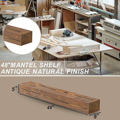 ROOMTEC Fireplace Mantel, 48" Wall Mounted Wood Display Shelving, Handcrafted Natural Mantels Over Fireplace | 48" x 8" x 5" - Brown