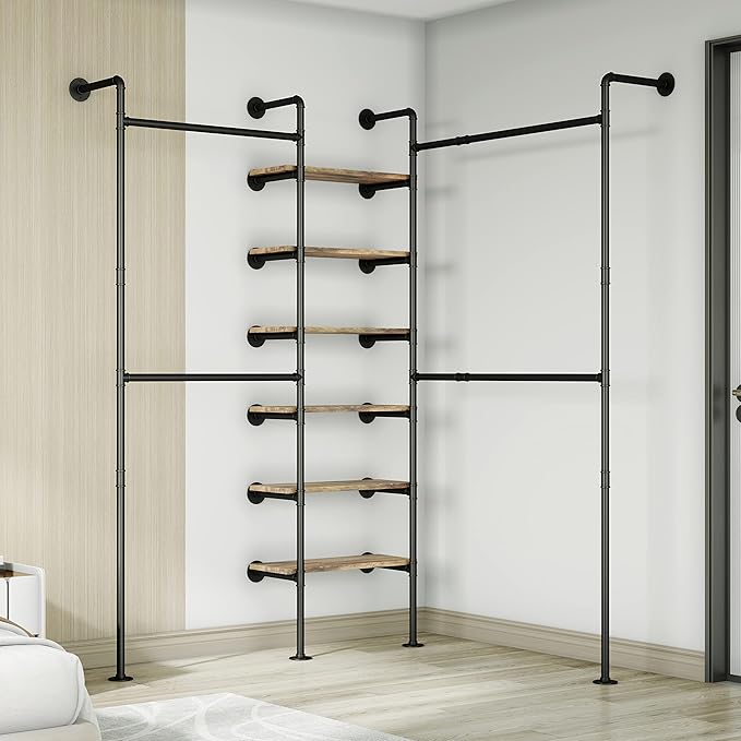 Industrial Pipe Clothes Rack, DÉCOR Wall Mounted Clothing Rack, for Walk-in Wardrobe Multi-Purpose Storage Clothes Hanging Shelf, 2 Installation Methods
