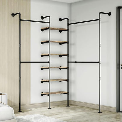 Industrial Pipe Clothes Rack, DÉCOR Wall Mounted Clothing Rack, for Walk-in Wardrobe Multi-Purpose Storage Clothes Hanging Shelf, 2 Installation Methods