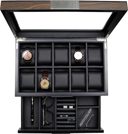 Decorebay Executive Wooden Watch Box Valet Box Sunglasses and Jewelry Box Storage Organizer (Sweetheart) (Brown)