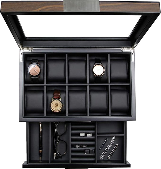 Decorebay Executive Wooden Watch Box Valet Box Sunglasses and Jewelry Box Storage Organizer (Sweetheart) (Brown)