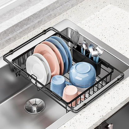 Expandable in Sink Dish Drying Rack - Adjustable Capacity Over The Sink Dish Drainer Drying Rack with Utensil Holder for Kitchen Counter, Drying Rack for Small Space,14.37“-21.06”L x 11.81“W x 3.74”D