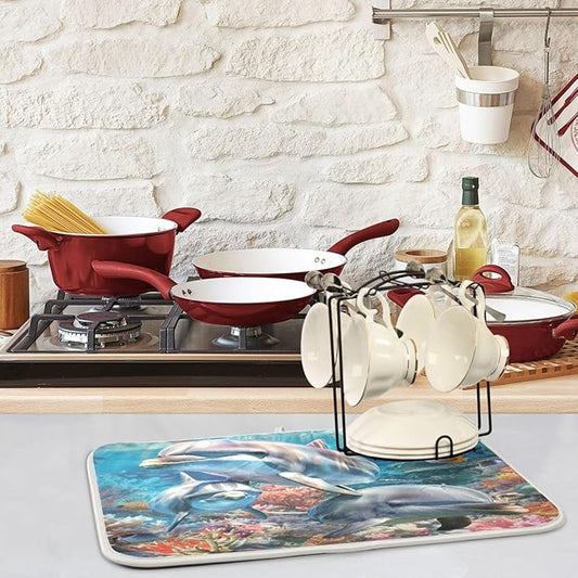 ZzWwR Funny Ocean Cute Dolphin Family Absorbent Dish Drying Mat Microfiber Kitchen Countertop Table Protector Multi-Purpose Counter Rack Sink Drainer Pad (16" x 18")