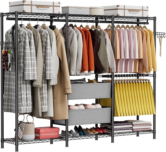 Coat Rack Clothes Wardrobe：Closet Organizer and Storage Clothing Garment Rack with Shelves Heavy Duty for Hanging Clothes Portable Adjustable Black 15.8" DX23.6 WX72.5 H