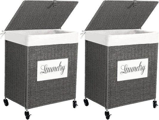 Mxfurhawa Laundry Basket, Heavy Duty Cotton Liner Laundry Storage Hamper with Handles, Collapsible Clothes Wire Basket Organizer Laundry Bag (2PCS-89GY-H)