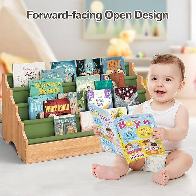 ELYKEN Toddler Bookshelf for Kids Rooms, Nursery Book Shelves with Open Forward Display, Montessori Book shelf for Baby Room, Small Children Classroom Books Rack Storage, Reading Corner for Kid, Green