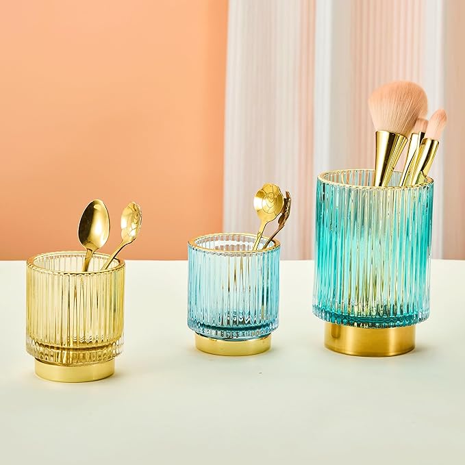 LEICURACE Makeup Brush Organizer, Toothbrush Holder, Desk Pen Pencil Holder, Multifunctional Vintage Glass Brush Cup (S/Blue/A3-13-US)