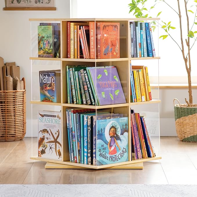EdQ Rotating Big Book Display – Natural: 3-Tier Wooden Bookshelf for Kids' Room with Acrylic Sides | 360° Spinning Bookcase with Multi-Size Shelves for Home and Classroom Storage & Organization