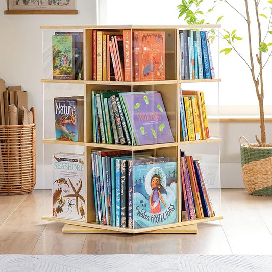 EdQ Rotating Big Book Display – Natural: 3-Tier Wooden Bookshelf for Kids' Room with Acrylic Sides | 360° Spinning Bookcase with Multi-Size Shelves for Home and Classroom Storage & Organization