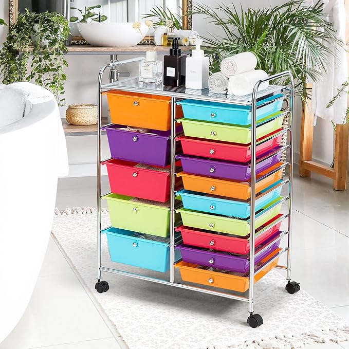 KOTEK 15-Drawer Rolling Storage Cart, Multipurpose Mobile Utility Cart with 4 Wheels, Home Office School Tools Scrapbook Paper Organizer (Multicolor-Combo2)