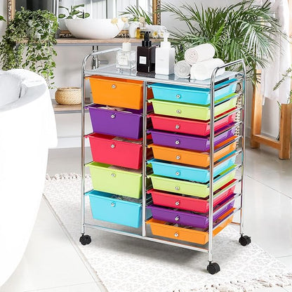KOTEK 15-Drawer Rolling Storage Cart, Multipurpose Mobile Utility Cart with 4 Wheels, Home Office School Tools Scrapbook Paper Organizer (Multicolor-Combo2)