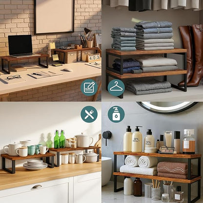 Sben Cabinet Organizer Shelf, Set of 2 Kitchen Counter Shelves, Kitchen Storage, Spice Rack, Stackable, Expandable, Metal and Engineered Wood, Ink Black and Rustic Brown