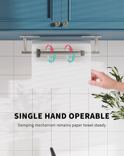 Paper Towel Holder Under Cabinet, Self Adhesive or Wall Mount Hanging Paper Towel Holder with Damping Effect, Single Hand Operable, Stainless Steel for Kitchen Bathroom (Silver)
