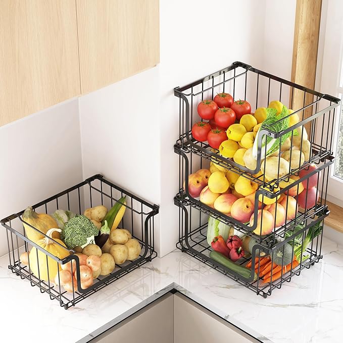UMDONX 4 Pack Stackable Wire Baskets Storage Bins for Fruits, Vegetables, Potatoes & Onions | Pantry, Countertop, Laundry Organizer | Heavy Duty & Space Saving Black
