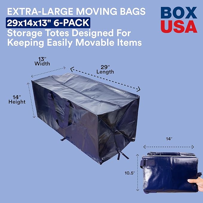 BOX USA 6 Pack Extra Large Blue Moving Bags with Handles & Zippers | Heavy Duty Storage Totes, Packing, Dorm Room Essentials & College Space Saving