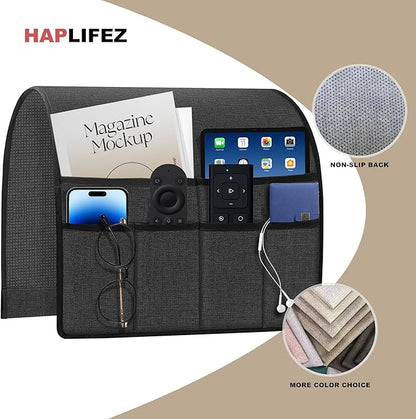 HAPLIFEZ Remote Holder for Recliner Armchair & Couch, Non Slip Sofa Armrest Organizer Caddy with 6 Pockets Thick Linen Fabric Storage for Tablet, Phone, iPad, Magazine, 19x35 Inches, Grey