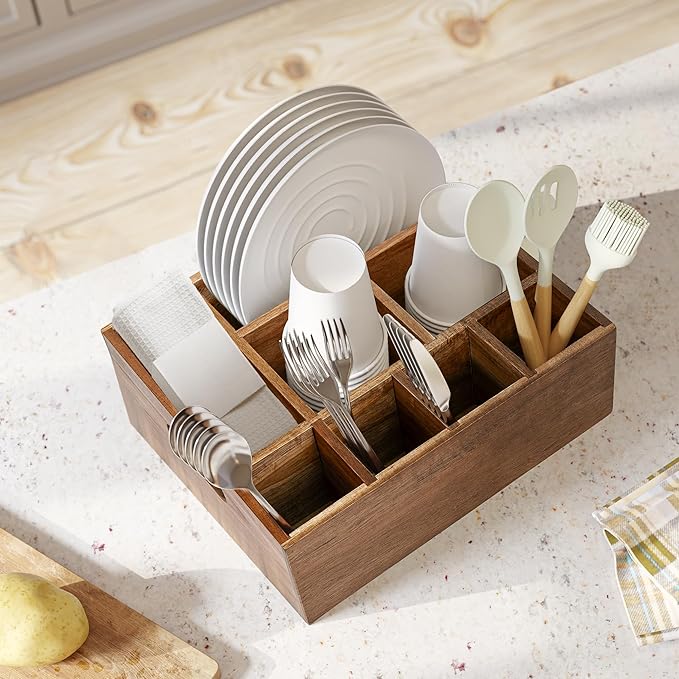 VaeFae Acacia Wood Caddy Organizer, Napkin and Paper Plate Holder, Wooden Utensil Holder, Silverware Caddy for Kitchen, Camping, Party