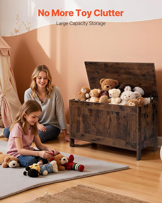 VEVOR Kids Storage Bench, Wooden Toy Box Chest, Large Storage Cabinet with Safety Hinge, Toddlers Retro Storage Bench for Playroom, Living Room or Entryway, 29.7 x 15.3 x 18.9 in, Easy Assembly, Brown