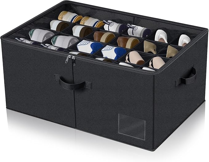 PAKISOU 24 Pair Shoe Storage Box, Foldable Closet Shoe Organizer with Adjustable Dividers & Clear Cover, Space-Saving Shoe Containers for Home