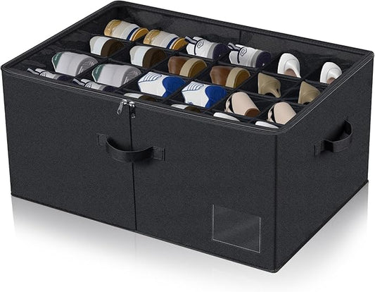 PAKISOU 24 Pair Shoe Storage Box, Foldable Closet Shoe Organizer with Adjustable Dividers & Clear Cover, Space-Saving Shoe Containers for Home