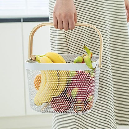 Metal Mesh Wire Basket, Large Steel Basket with Wooden Handle Storage Organizer Basket Multi-functional Hanging Kitchen Baskets Fruit Baskets for Kitchen Bathroom Cabinet Pantry Snacks, White
