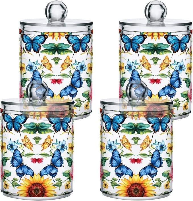 MNSRUU 2 Pack Qtip Holder Organizer Dispenser Sunflowers Peonies and Butterflies Bathroom Storage Canister Cotton Ball Holder Bathroom Containers for Cotton Swabs/Pads/Floss