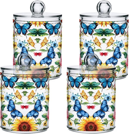 MNSRUU 2 Pack Qtip Holder Organizer Dispenser Sunflowers Peonies and Butterflies Bathroom Storage Canister Cotton Ball Holder Bathroom Containers for Cotton Swabs/Pads/Floss