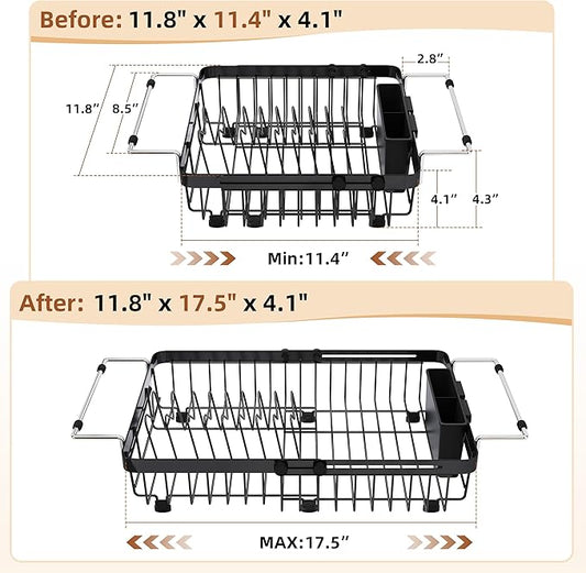romision Expandable Dish Drying Rack Over The Sink Small Metal Stainless Steel Plate Holder for Compact Kitchen, Space Saving Modern Black Hanging Drainer