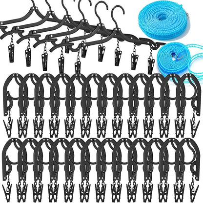 24 PCS Travel Hangers,Portable Folding Clothes Hanger,Travel Accessories Foldable Travel Hangers with Clips,Foldable Clothes Drying Rack for Travel,Black Plastic Non Slip Clothing Hangers