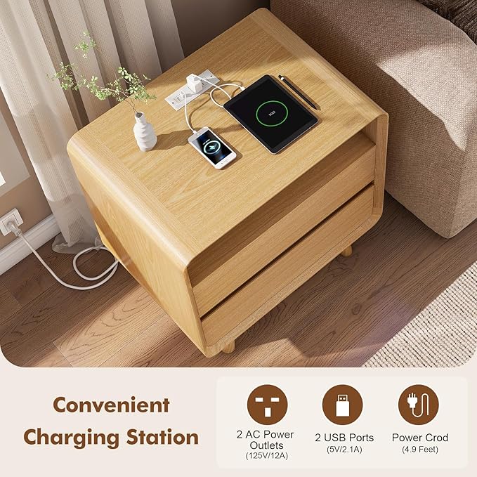 Nasonet Night Stand with Charger Station, Mid Century Modern Nightstand with 2 Drawers, Wood Bedside Table for Bedroom, Curved Beveled Design, Oak