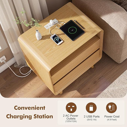 Nasonet Night Stand with Charger Station, Mid Century Modern Nightstand with 2 Drawers, Wood Bedside Table for Bedroom, Curved Beveled Design, Oak
