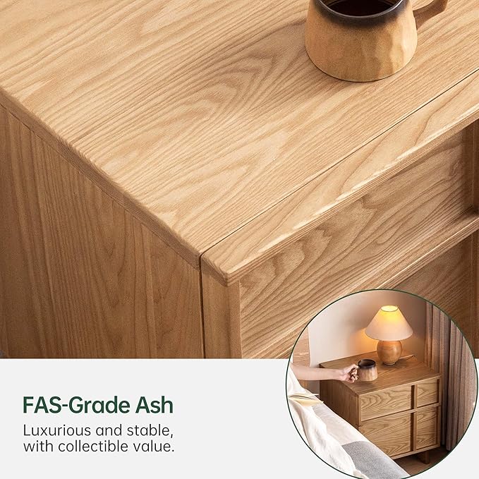 YESWOOD Solid Wood Nightstand, Natural Wood Nightstand with Drawers, Mid Century Modern Nightstands, Wood Bedside Table for Small Space, Boho Night Stand, Fluted Night Stands for Bedroom,18.90" H